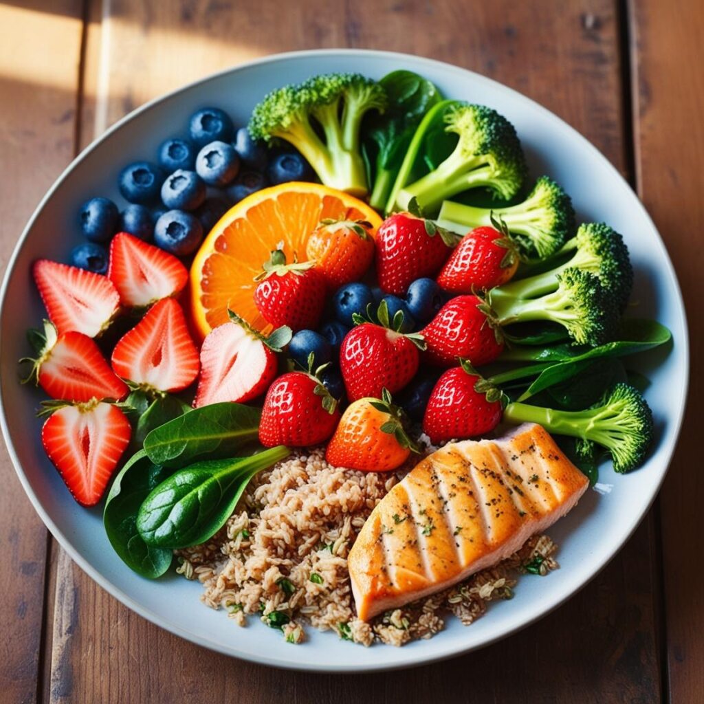 A healthy meal plate with a variety of fruits, vegetables, whole grains, and lean protein sources