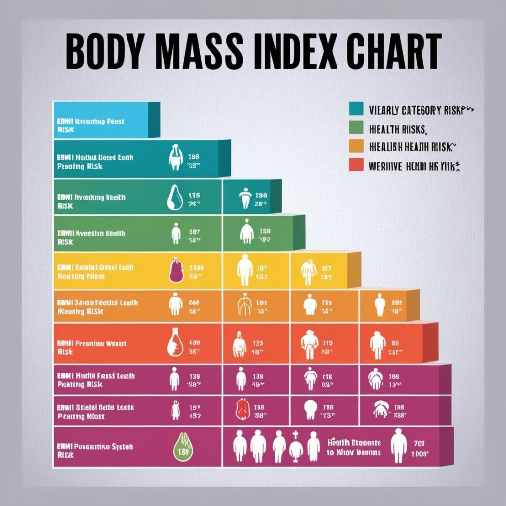 A graphic illustrating the Body Mass Index (BMI) chart with different categories and health risks