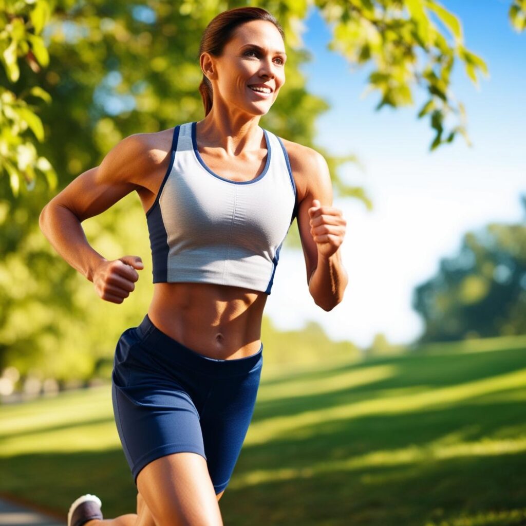 A person exercising outdoors, such as running or yoga, to illustrate the importance of physical activity