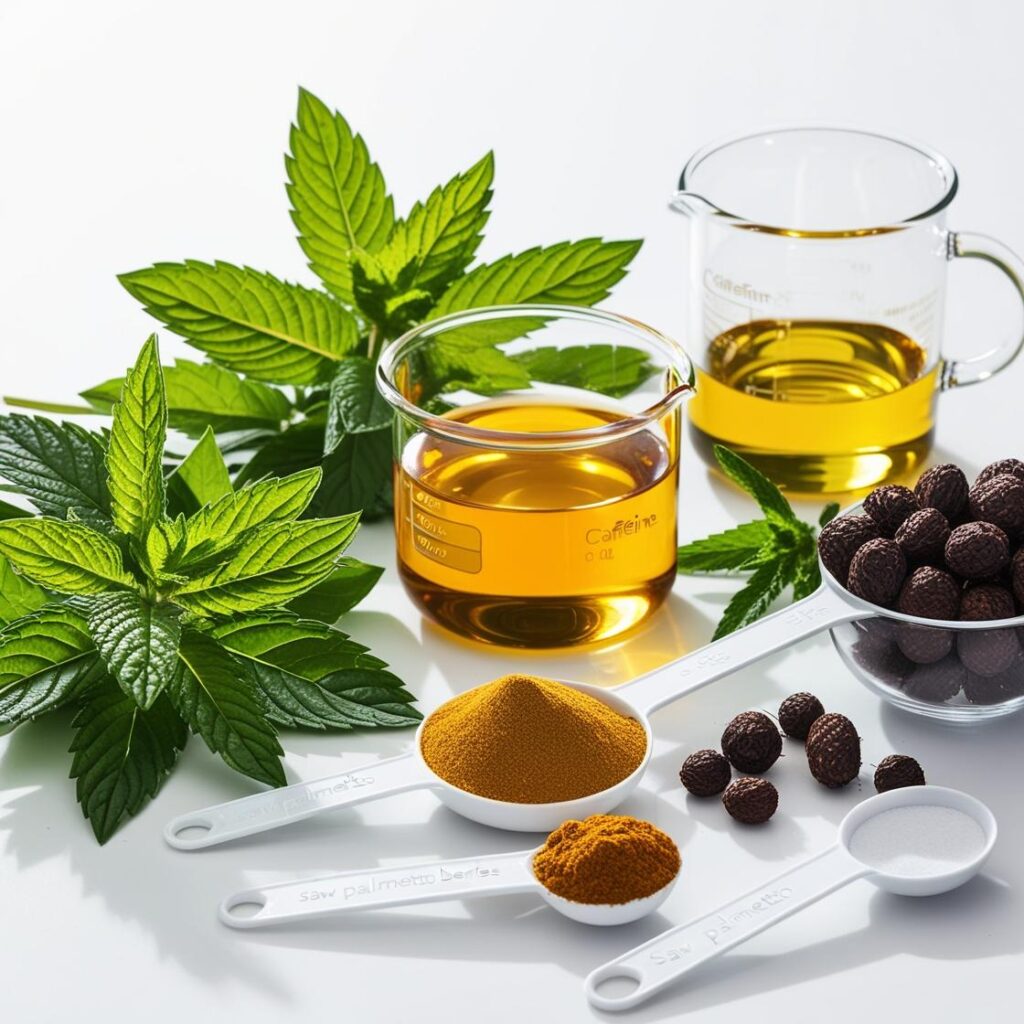 Hair care products with saw palmetto and caffeine for hair growth
