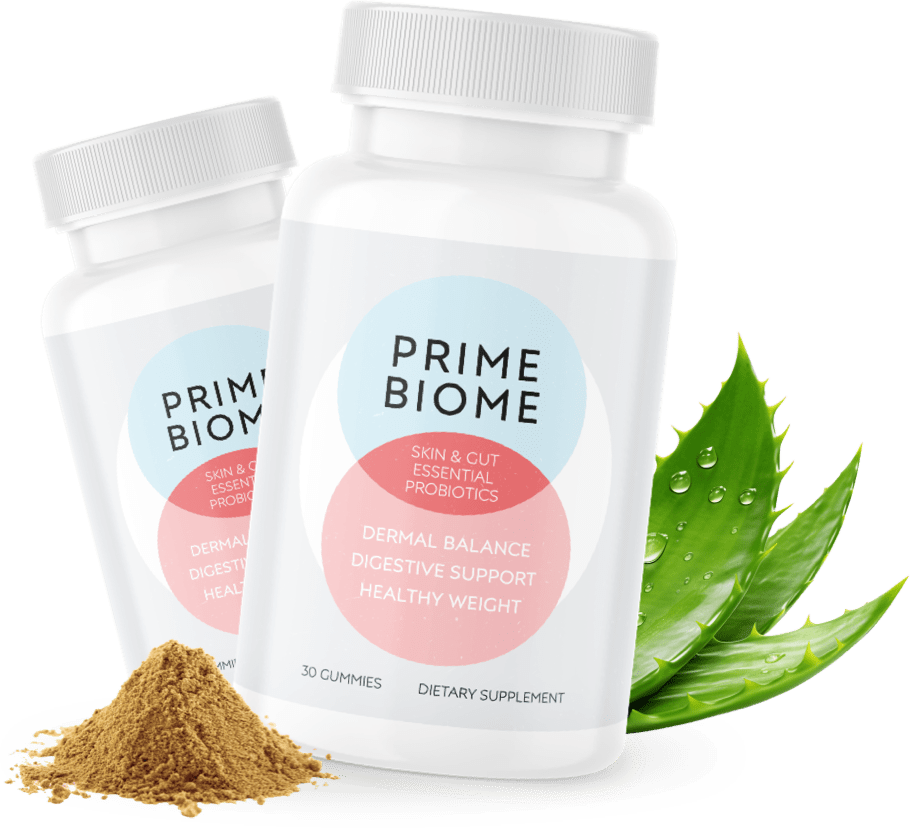 PrimeBiome skin and gut probiotics supplement bottles with aloe leaf and herbal powder for digestive support and healthy skin.