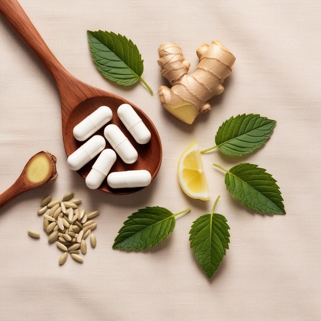 Clean flatlay of PrimeBiome supplement bottles with probiotics powder, aloe vera, chicory root, lemon balm, ginger, and capsules.