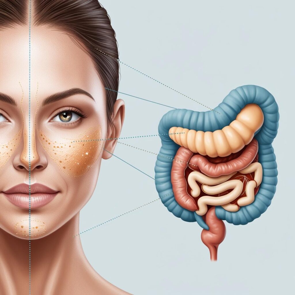 Scientific illustration showing the human digestive system connected to clear, healthy skin, representing the gut-skin axis.