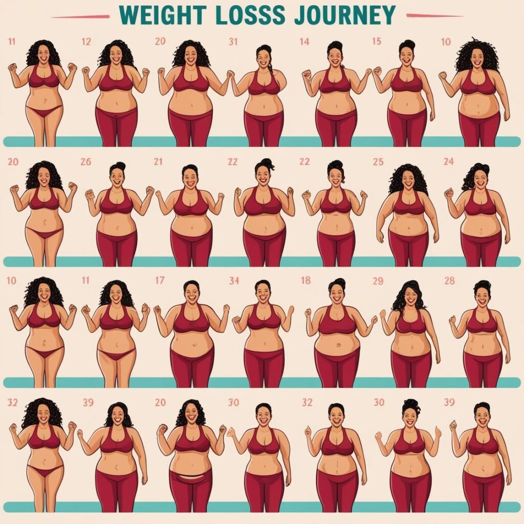 An illustration depicting a person's weight loss journey with progress and milestones achieved