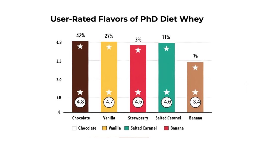 PhD Diet Whey nutrition facts with serving scoop and healthy foods