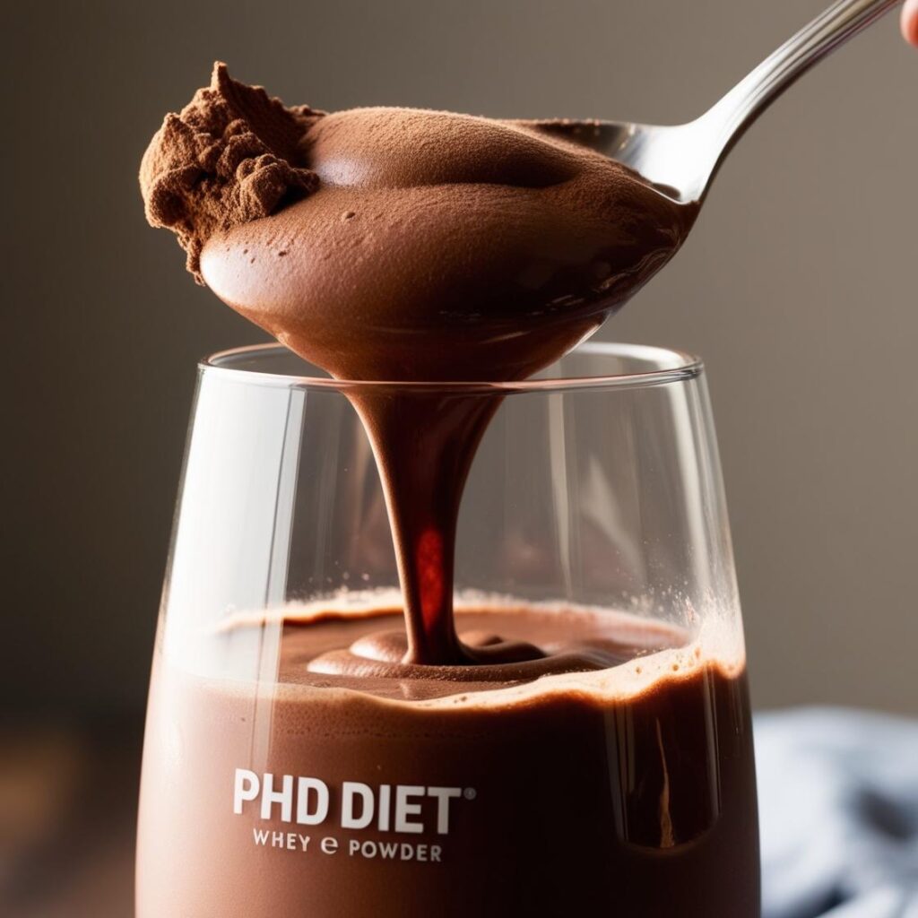 Glass of PhD Diet Whey chocolate shake with creamy, smooth texture