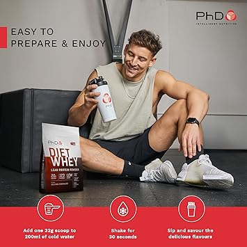 PhD Diet Whey protein powder tub with healthy food and fitness enthusiast