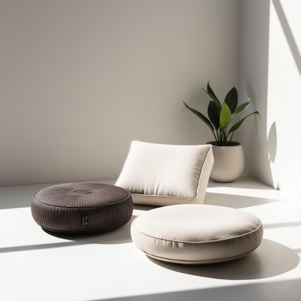 Comparison of three meditation cushion shapes: navy blue round Zafu, beige square cushion, and grey crescent cushion arranged on a light bamboo floor.