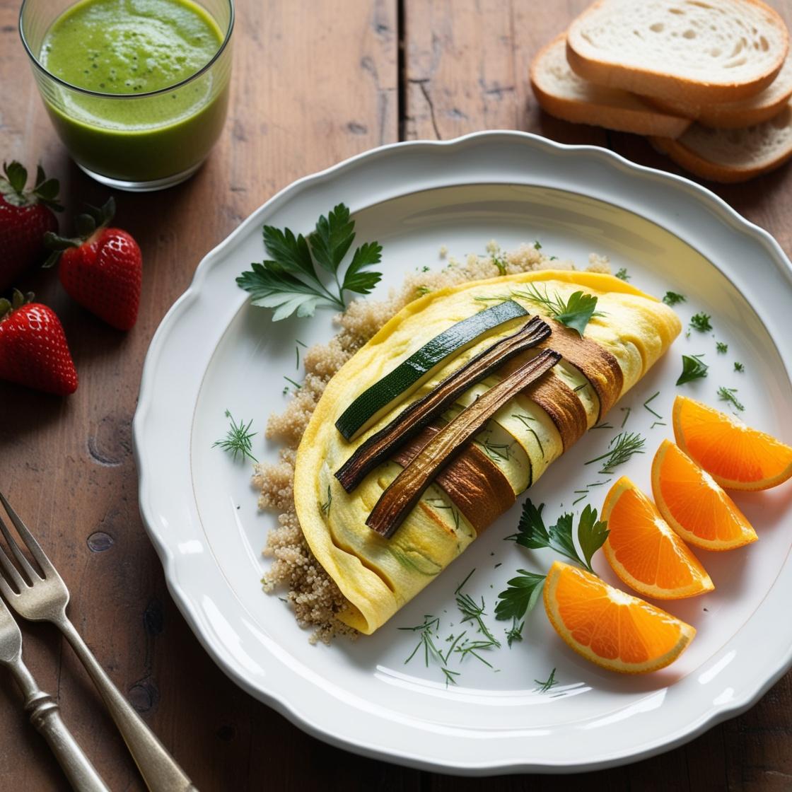 Zucchini omelette served with sliced oranges and quinoa