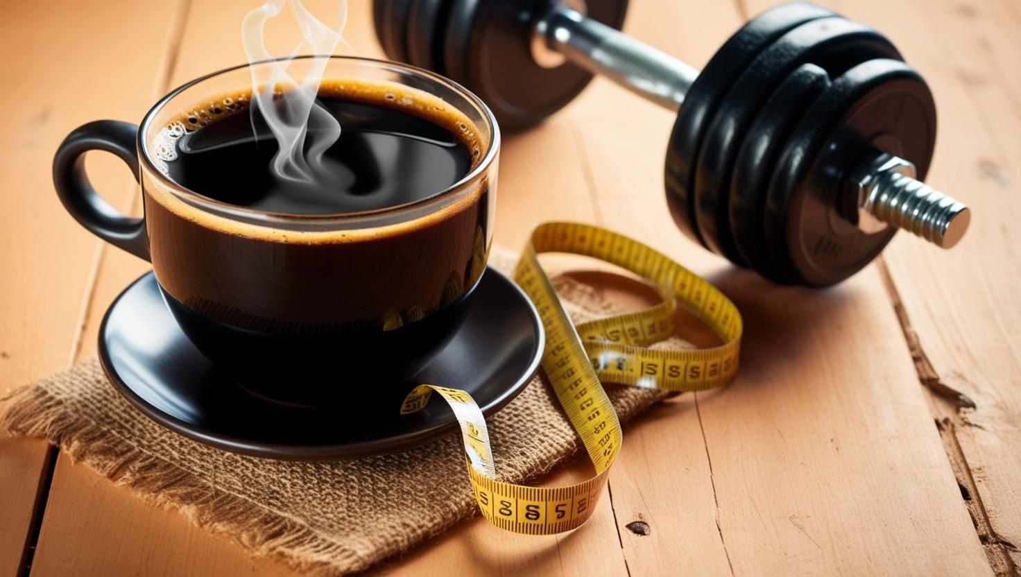 Steaming black coffee with tape measure for weight loss
