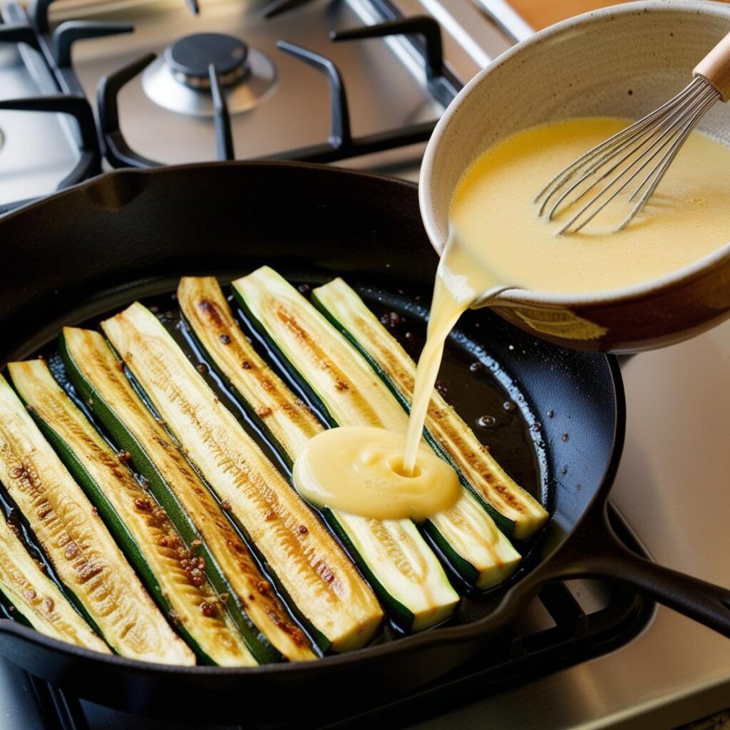 Pouring egg mixture over sautéed zucchini in a pan