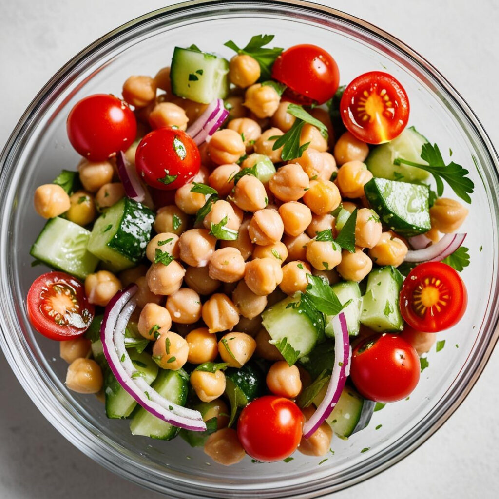 Vibrant veggie chickpea salad in a bowl, a quick no-cook fridge-friendly meal option perfect for busy weeks.