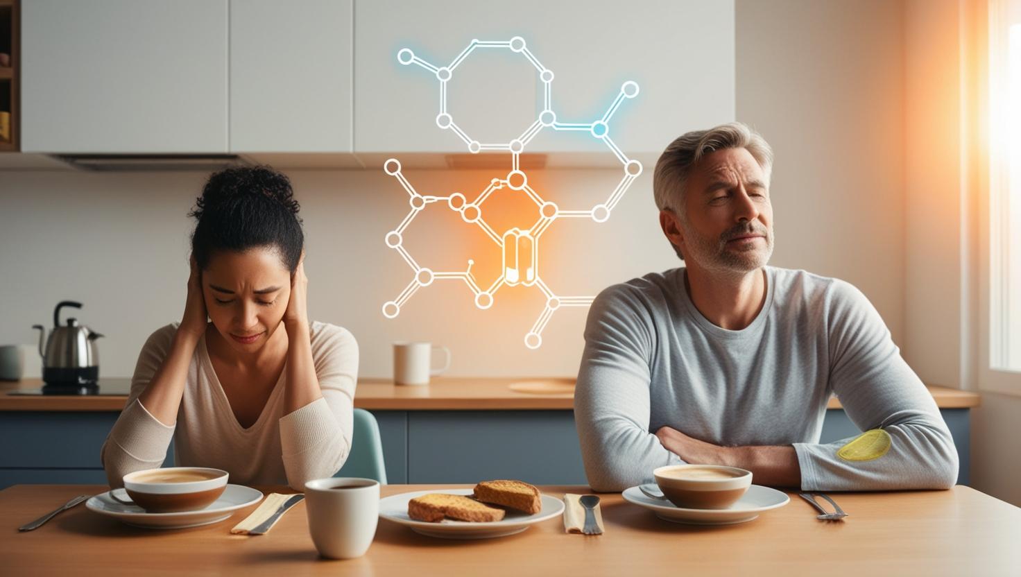 Tired adults at morning table with mitochondria icons, banner for energy transformation
