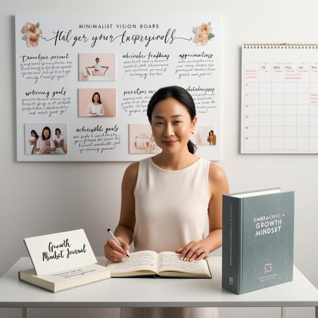 A person standing in front of a vision board with inspirational quotes and goals, holding a growth mindset journal and surrounded by resources promoting personal development.