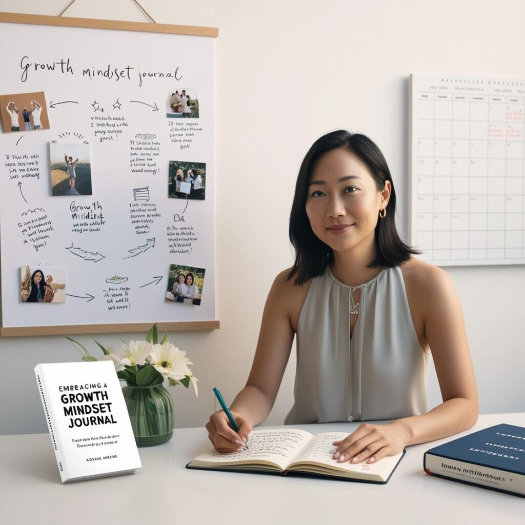 A person standing in front of a vision board with inspirational quotes and goals, holding a growth mindset journal and surrounded by resources promoting personal development.