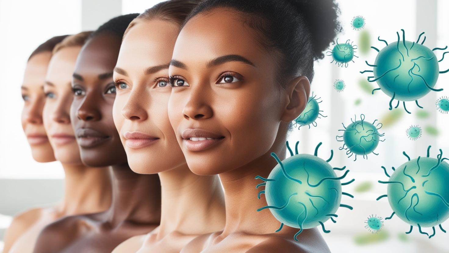 Health-focused illustration blending glowing skin with abstract gut microbiome imagery, highlighting the gut-skin axis.