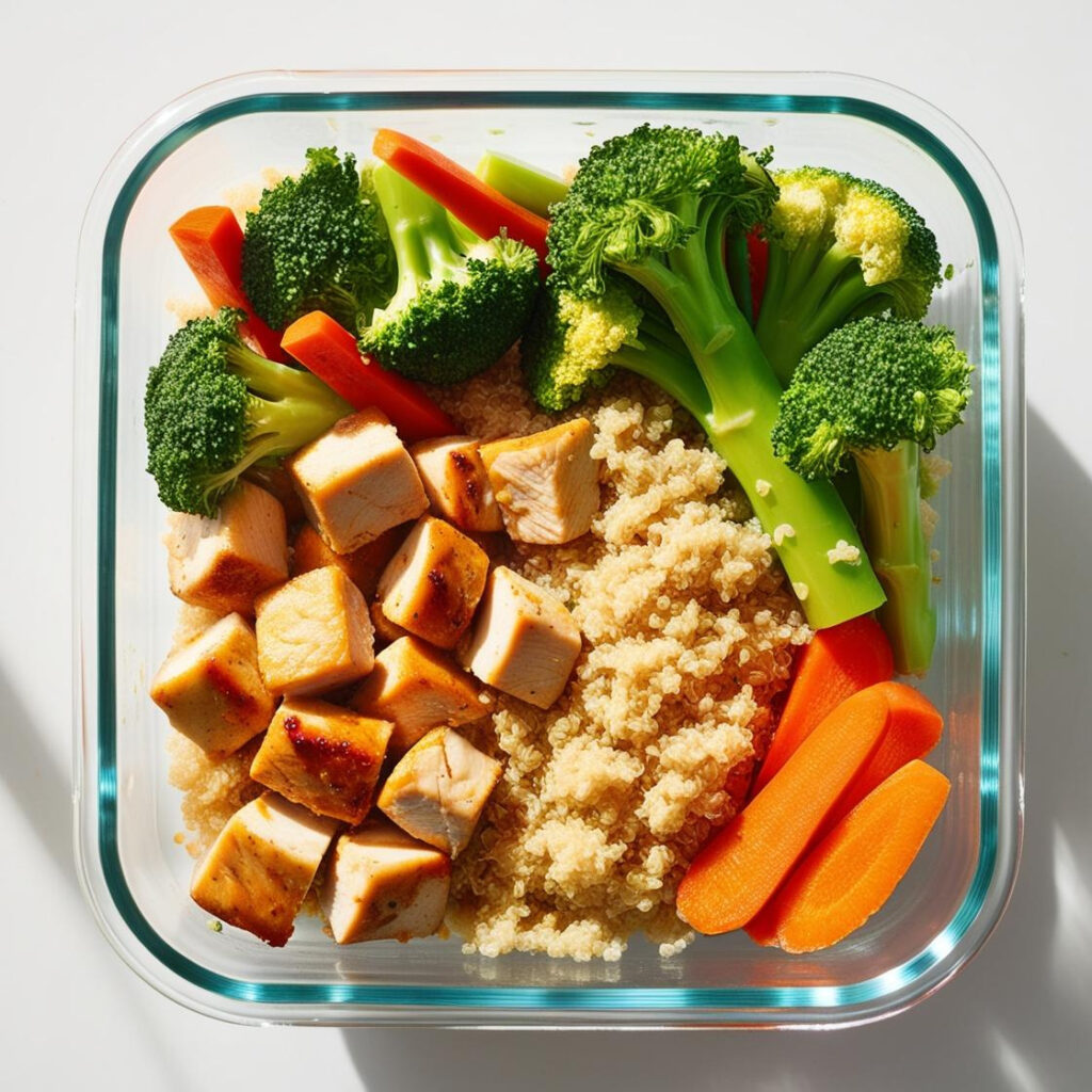 Healthy chicken quinoa veggie bowl in a meal prep container, a quick fridge-friendly recipe ideal for busy weeks.
