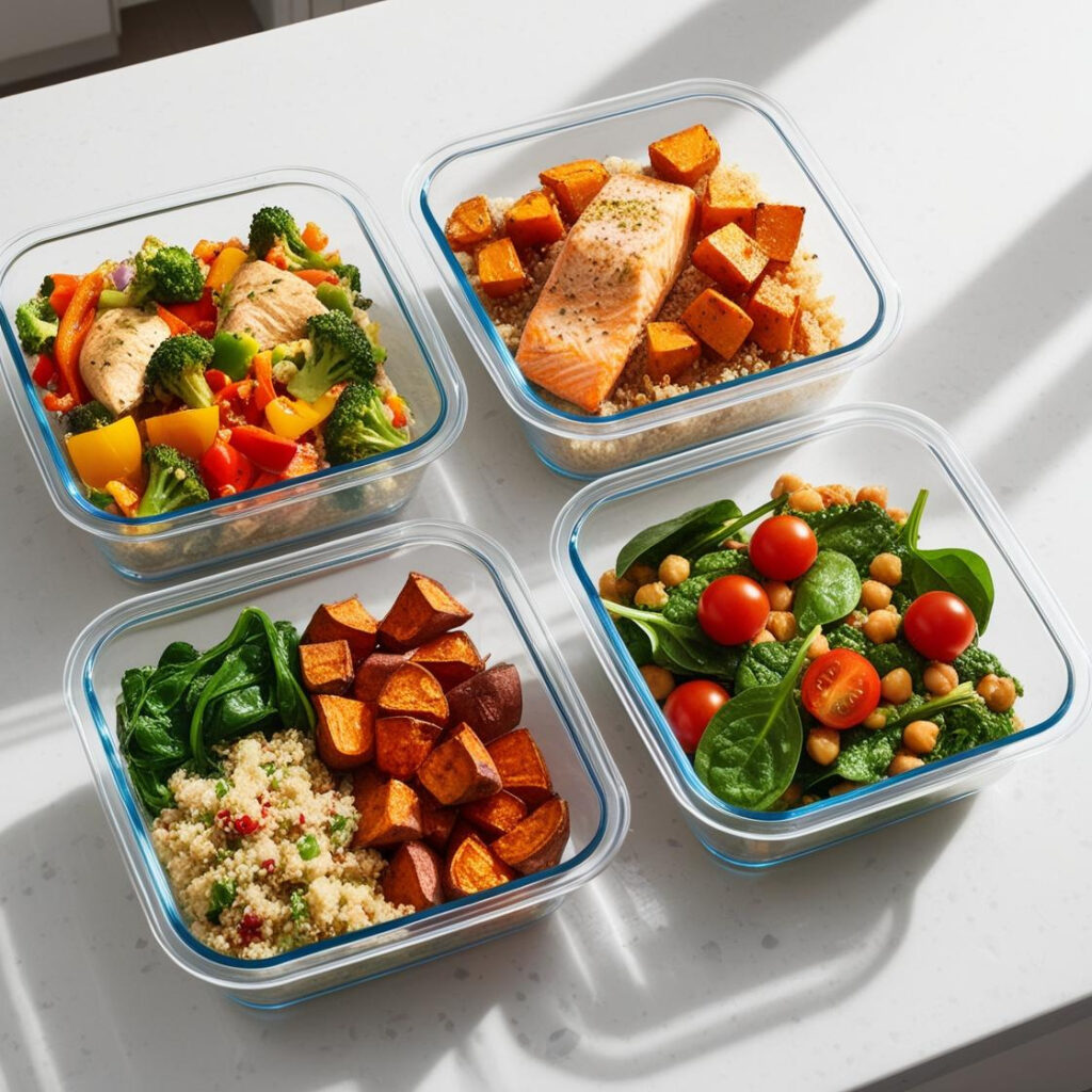 Banner showing a variety of healthy prepped meals in containers, representing quick, fridge-friendly recipes for busy weeks.