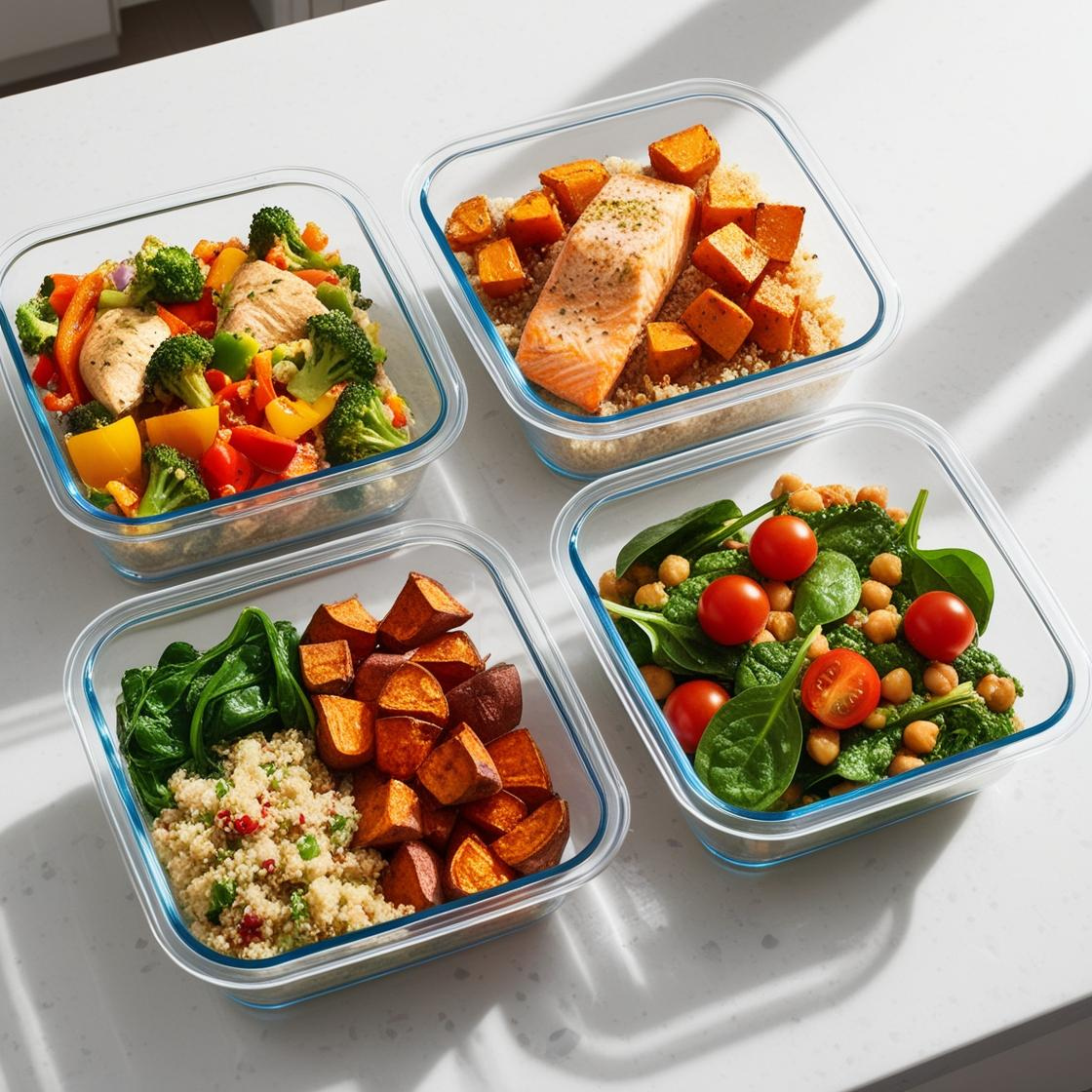 Banner showing a variety of healthy prepped meals in containers, representing quick, fridge-friendly recipes for busy weeks.
