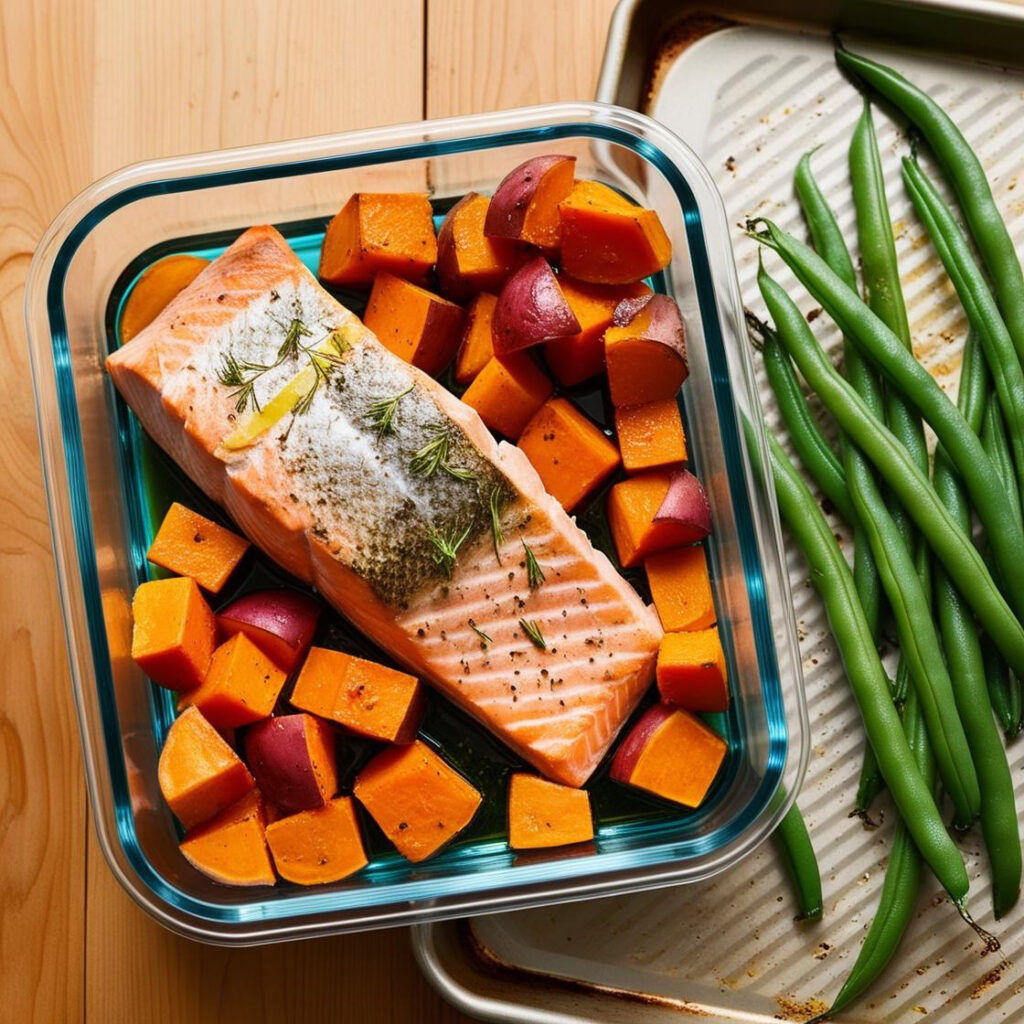 Healthy meal prep container with roasted salmon fillet, sweet potatoes, and green beans; a quick fridge-friendly traybake recipe for busy weeks.