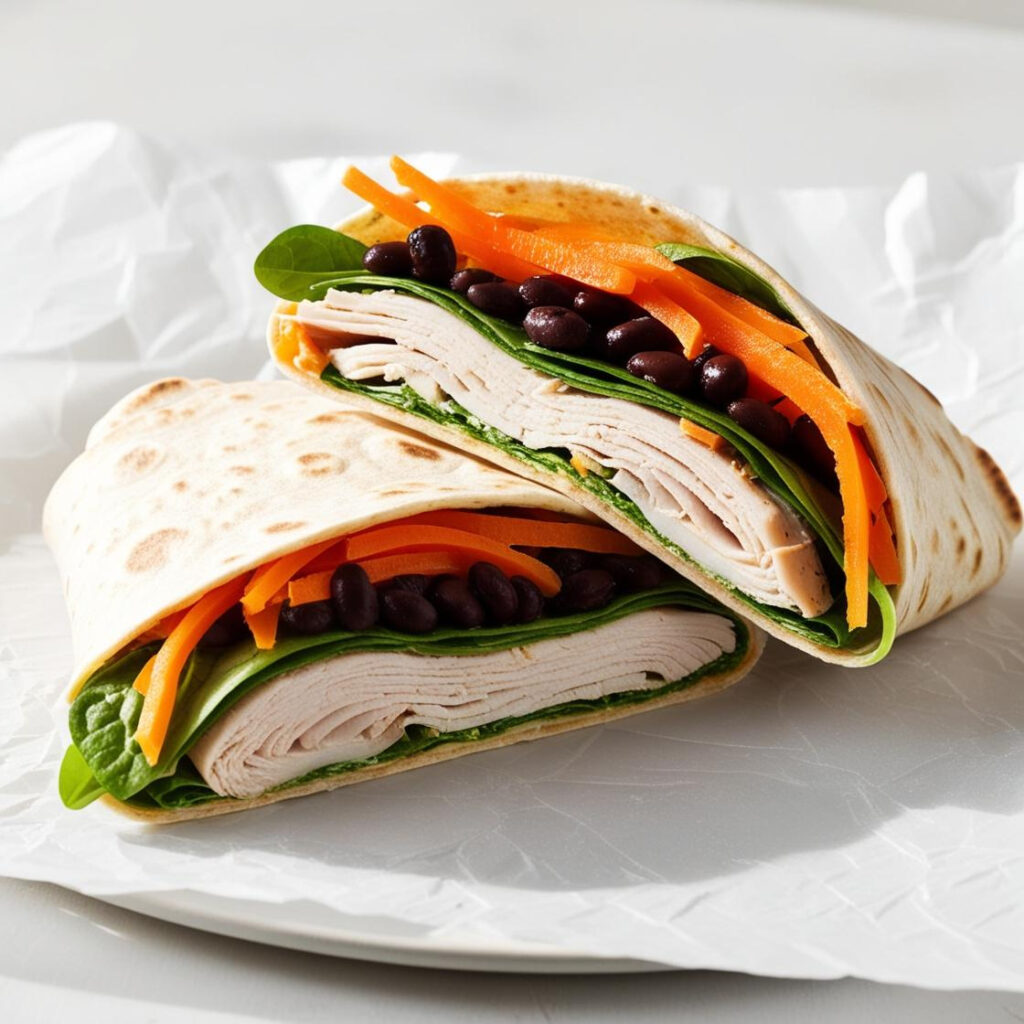 Healthy turkey and black bean wrap cut open to show fillings, an easy and quick meal idea for busy weekdays.
