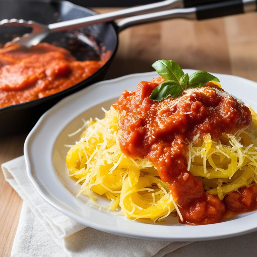 Final plated low-carb spaghetti squash recipe with creamy tomato sauce and Parmesan