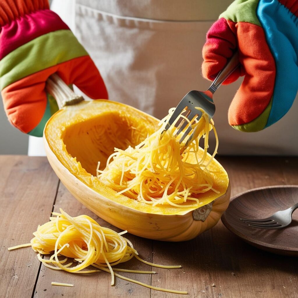 Scraping spaghetti squash noodles with fork for low-carb spaghetti squash recipe