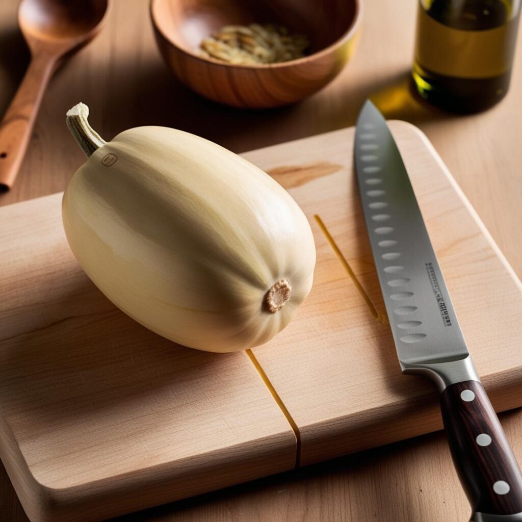Preparing spaghetti squash for low-carb spaghetti squash recipe with knife and cutting board