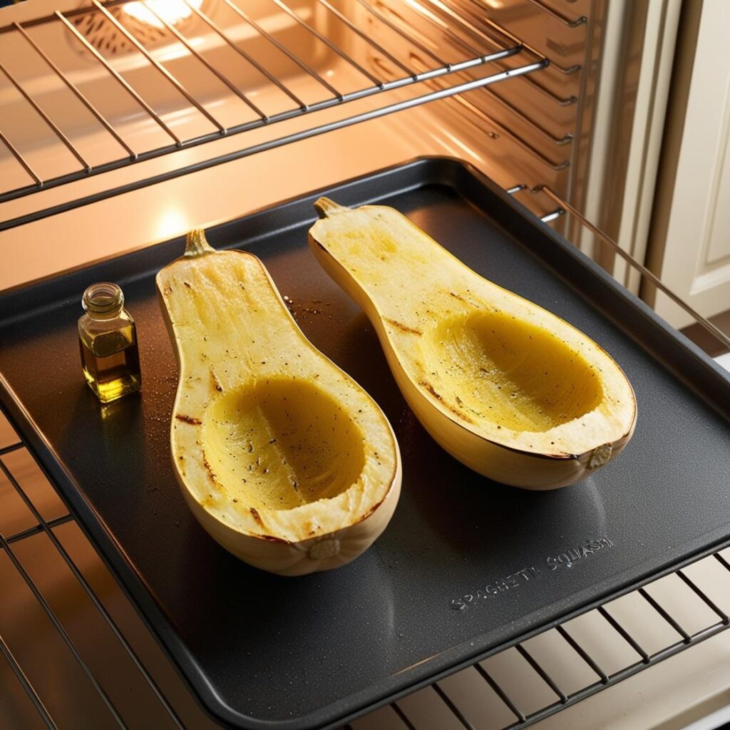 Roasting spaghetti squash halves for low-carb spaghetti squash recipe on baking sheet