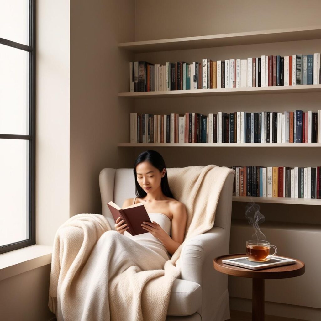 A cozy reading nook with a person deeply engaged in reading a book, surrounded by diverse books and a tablet displaying a mindful reading app.