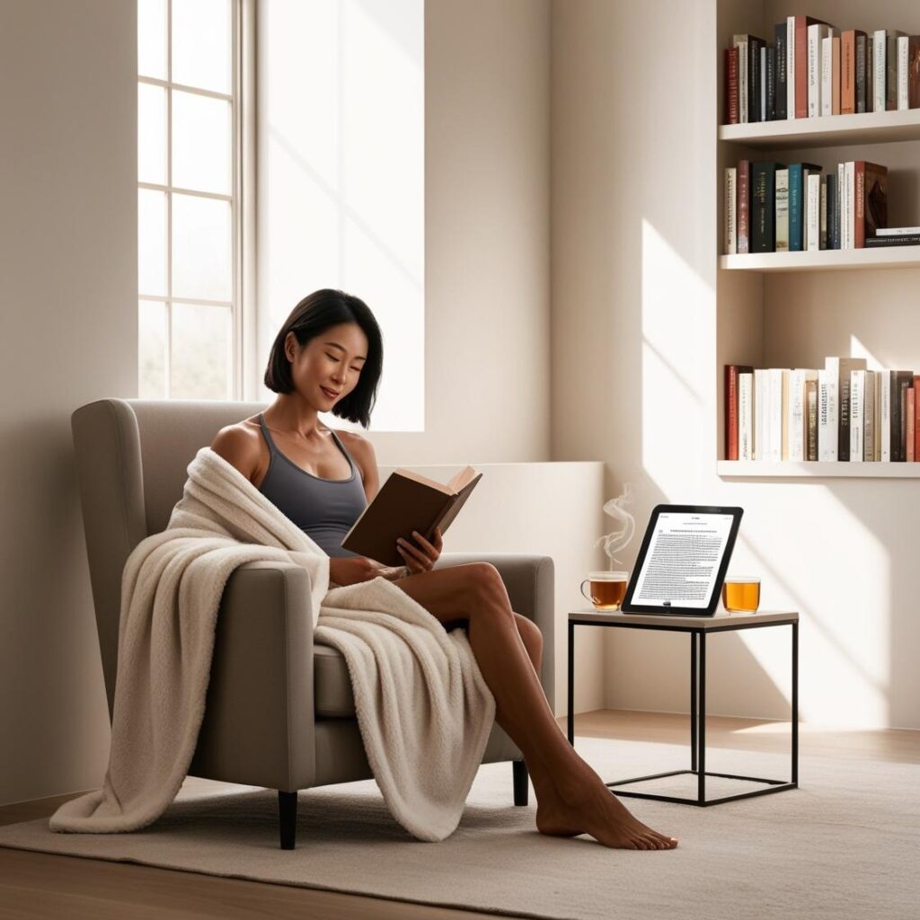 A cozy reading nook with a person deeply engaged in reading a book, surrounded by diverse books and a tablet displaying a mindful reading app.