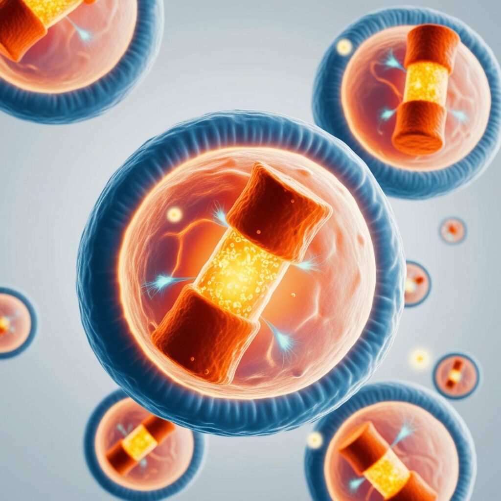 Illustrated mitochondria in human cells emitting energy