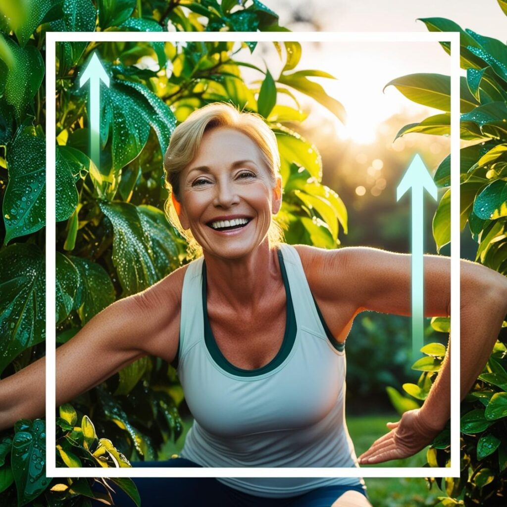 Woman stretching outdoors with energy symbolism for metabolism boost