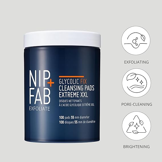 Container of Nip + Fab Glycolic Acid Fix Night Pads Extreme with orange label.