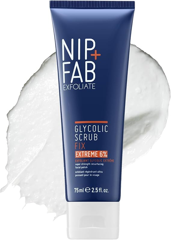 Tube of Nip + Fab Glycolic Acid Fix Face Scrub Extreme with orange accents.