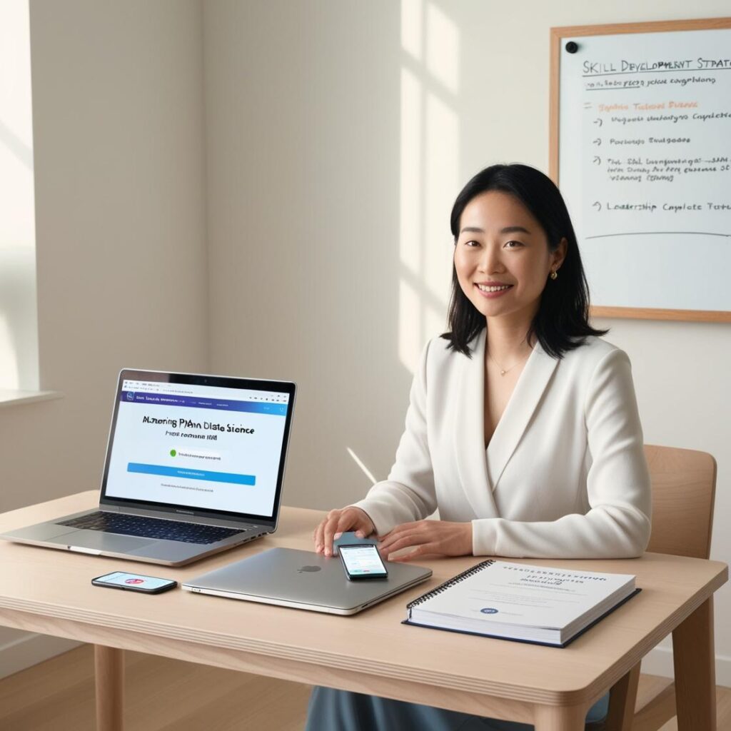A person engaged in online learning, with a computer screen showing a course on Python for data science, surrounded by various learning materials and a certificate of completion.