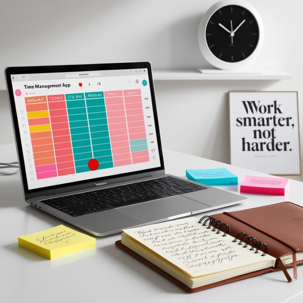 A well-organized desk with a laptop showing a time management app, sticky notes, and a productivity book, highlighting effective productivity hacks.