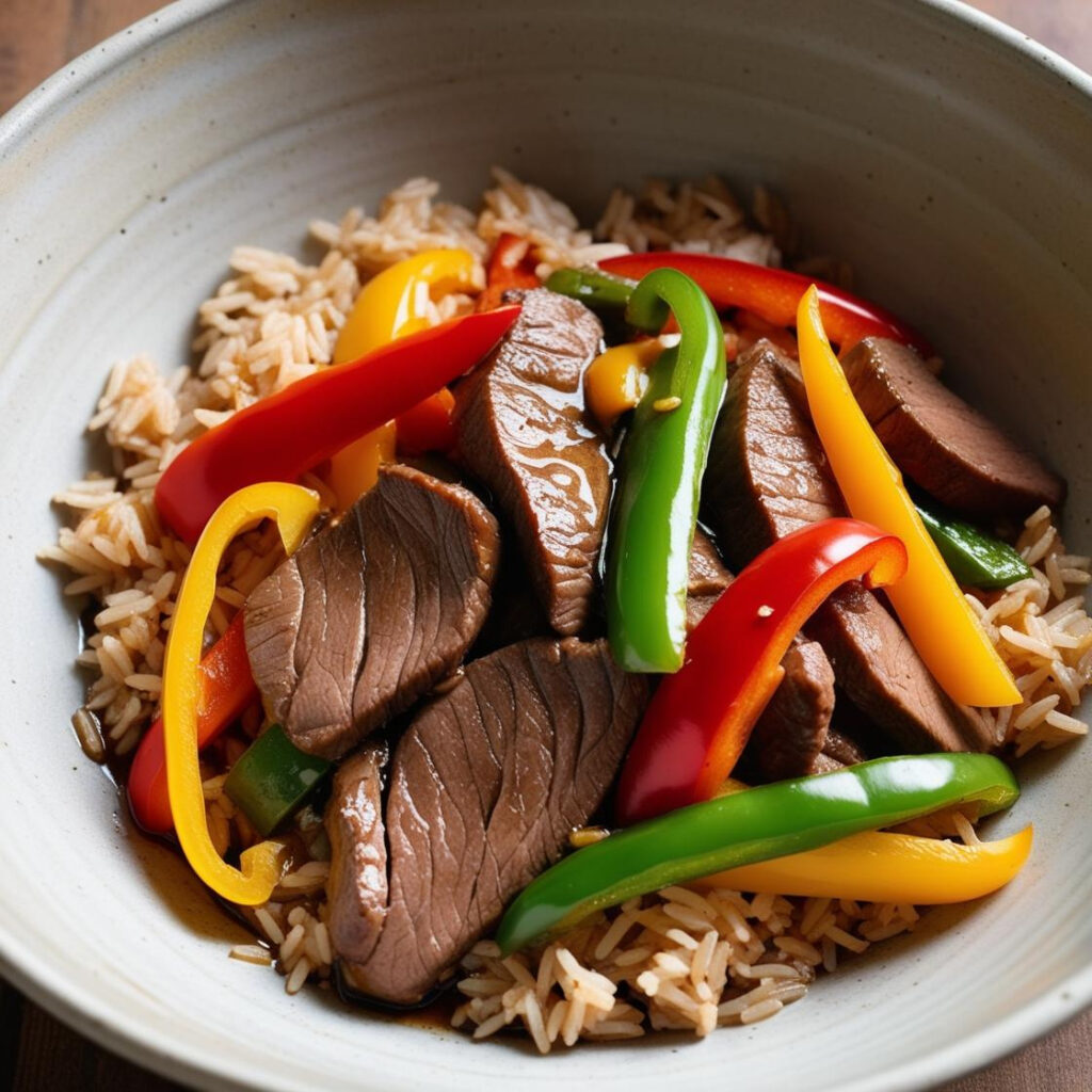 Quick beef stir-fry with vegetables and brown rice in a bowl, a healthy fridge-friendly dinner recipe for busy weeks.