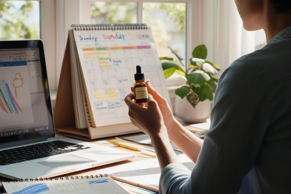 Taking a brief pause from a hectic day involving work and family demands to use Rescue Remedy for emotional balance and calm.