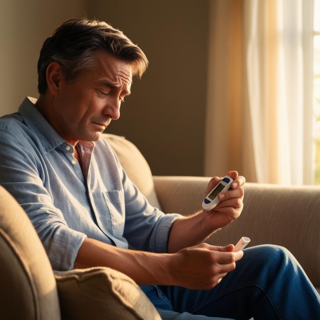Diabetic man checking blood sugar, looks tired and concerned