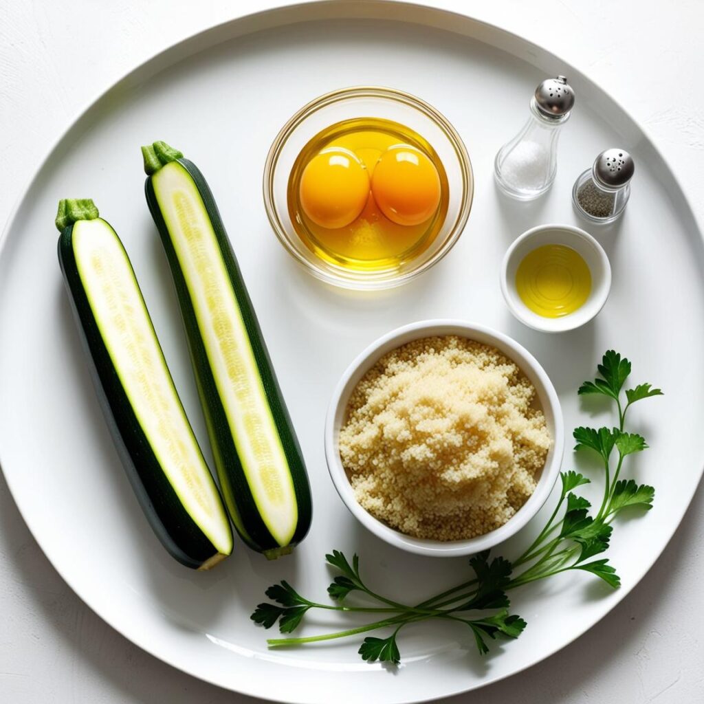 Zucchini omelette ingredients on a white plate