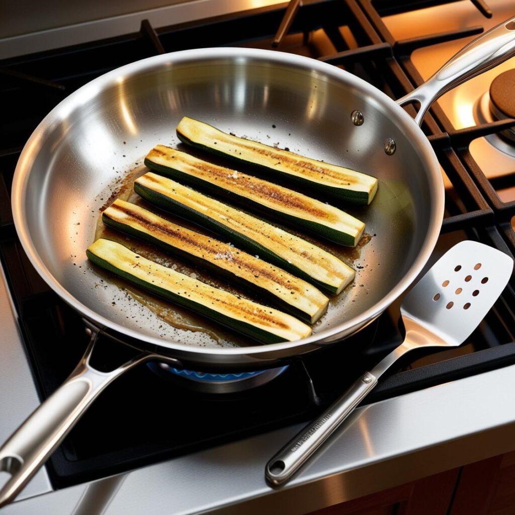 Sautéing zucchini slices in a stainless steel pan
