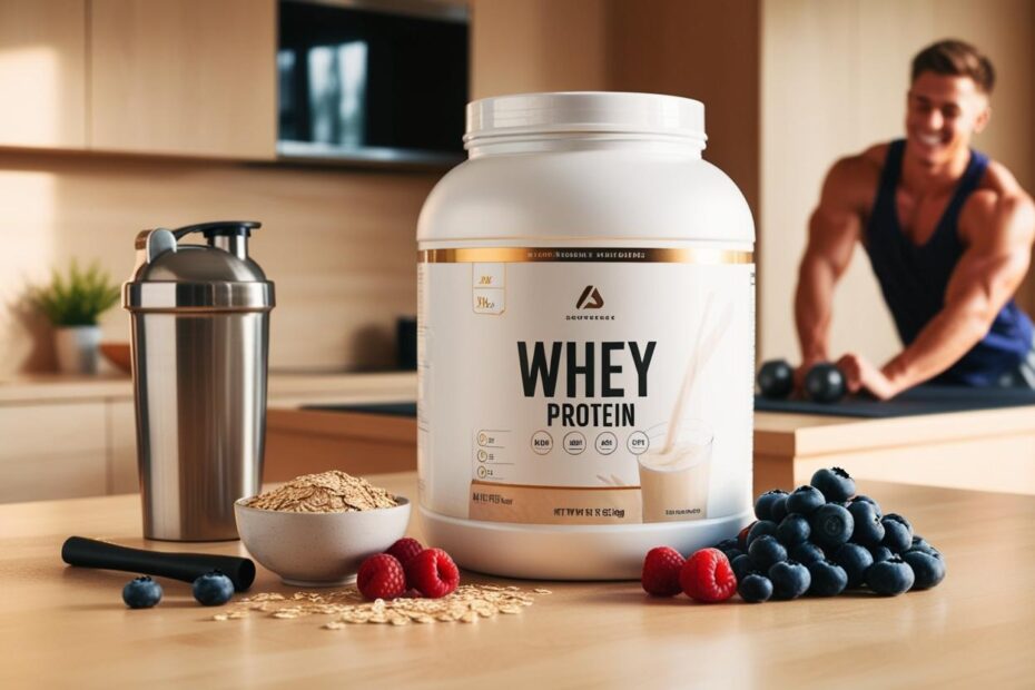 PhD Diet Whey protein powder tub with healthy food and fitness enthusiast