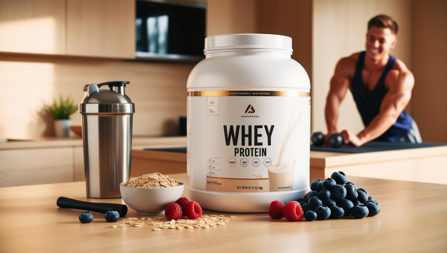 PhD Diet Whey protein powder tub with healthy food and fitness enthusiast